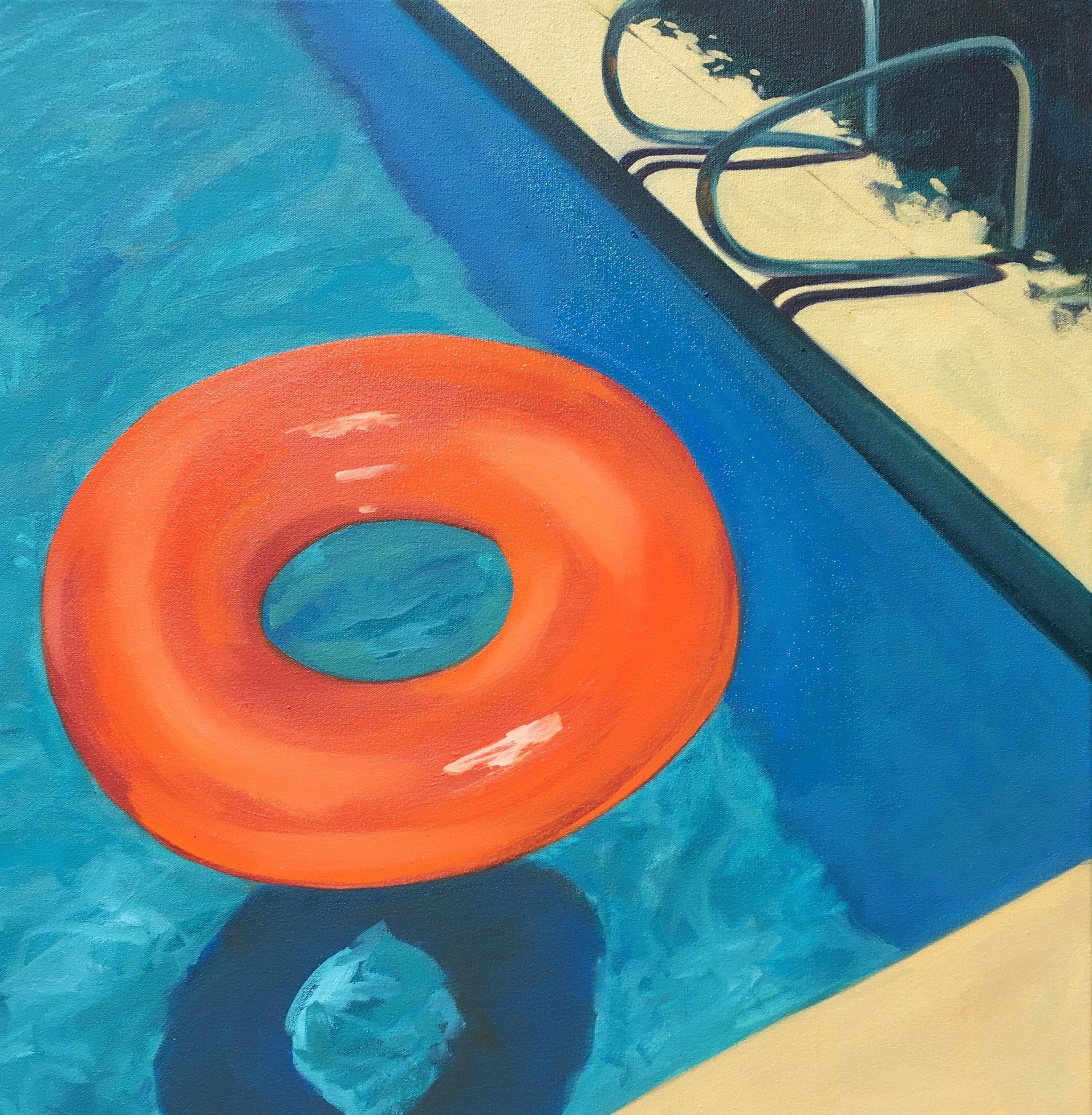 T.S. Harris Still-Life Painting - "Pool Floaty" Bright Orange Toy Floating in Deep End of Blue Pool