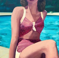 "Poolside" Woman in Vintage Purple Bathing Suit with Turquoise Pool Water