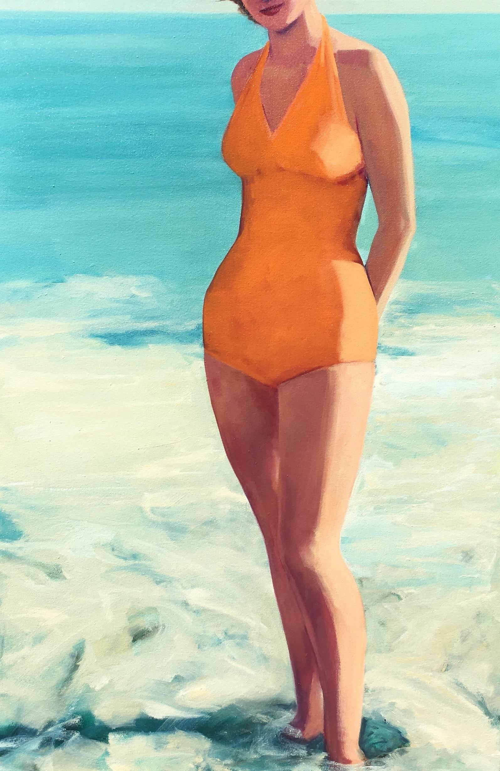 T.S. Harris Landscape Painting - "Posing at the Shore" Woman in Vintage Orange Bathing Suit Standing in the Surf