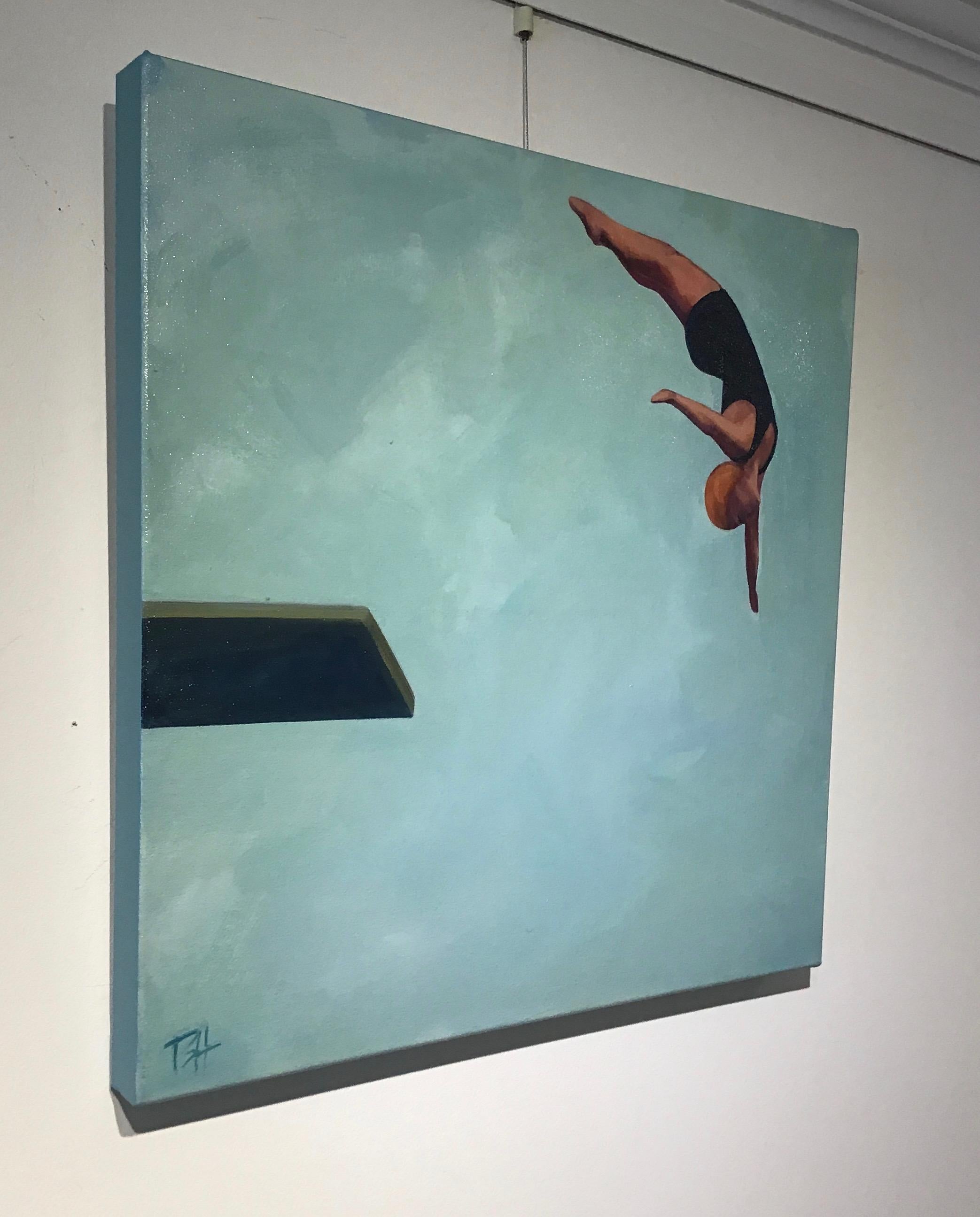 ''Reaching High'' Oil painting of women in black swimsuit diving, blue sky - Painting by T.S. Harris