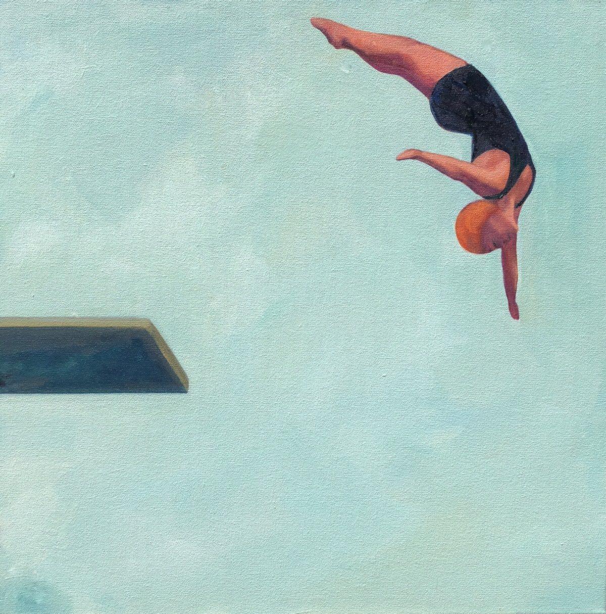 T.S. Harris Figurative Painting - ''Reaching High'' Oil painting of women in black swimsuit diving, blue sky