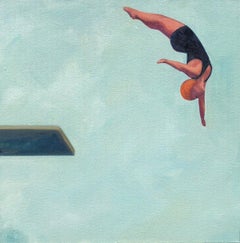 ''Reaching High'' Oil painting of women in black swimsuit diving, blue sky