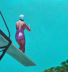 "Ready to Launch" Oil Painting of a female diver on a diving board with blue sky