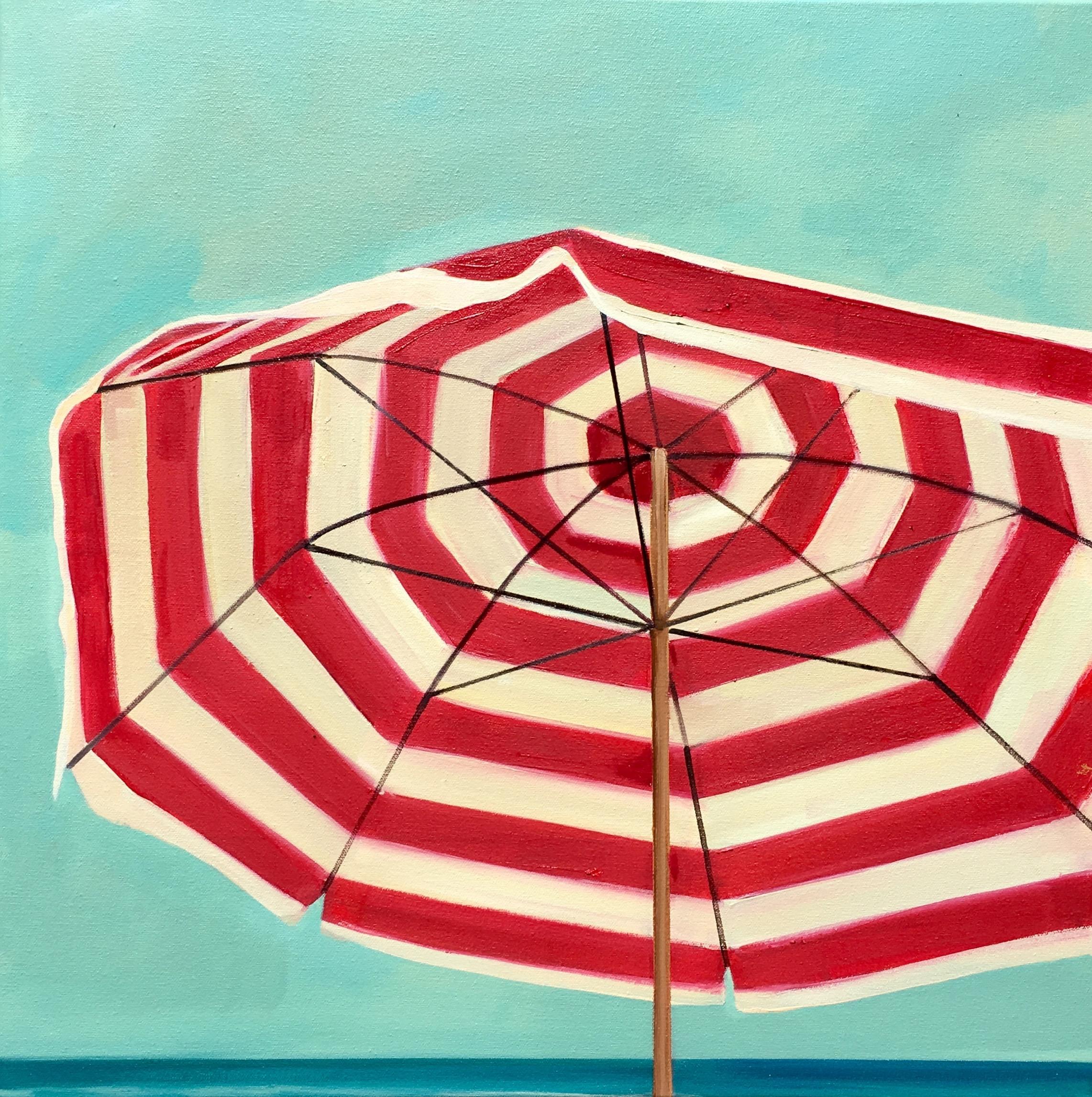 T.S. Harris Still-Life Painting - "Red and White Umbrella" Striped Beach Umbrella with Bright Cloudless Summer Sky