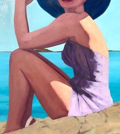 "Rocky Shore" pintura al óleo de una mujer en traje de baño púrpura y un sombrero en la playa