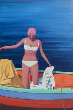"Steady On" contemporary oil painting of woman in white bikini on colorful boat