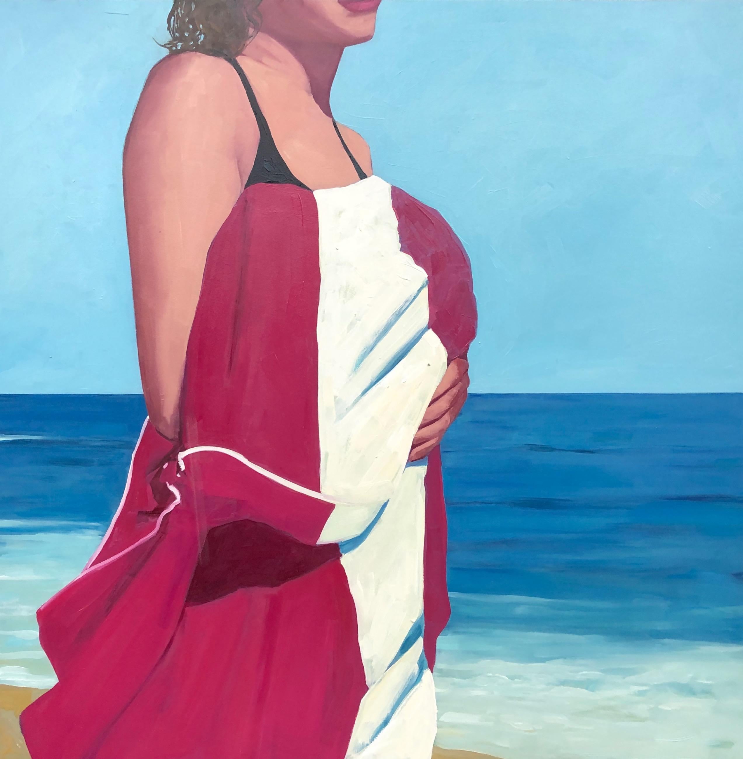 T.S. Harris Figurative Painting - Striped Beach Towel, oil painting by TS Harris