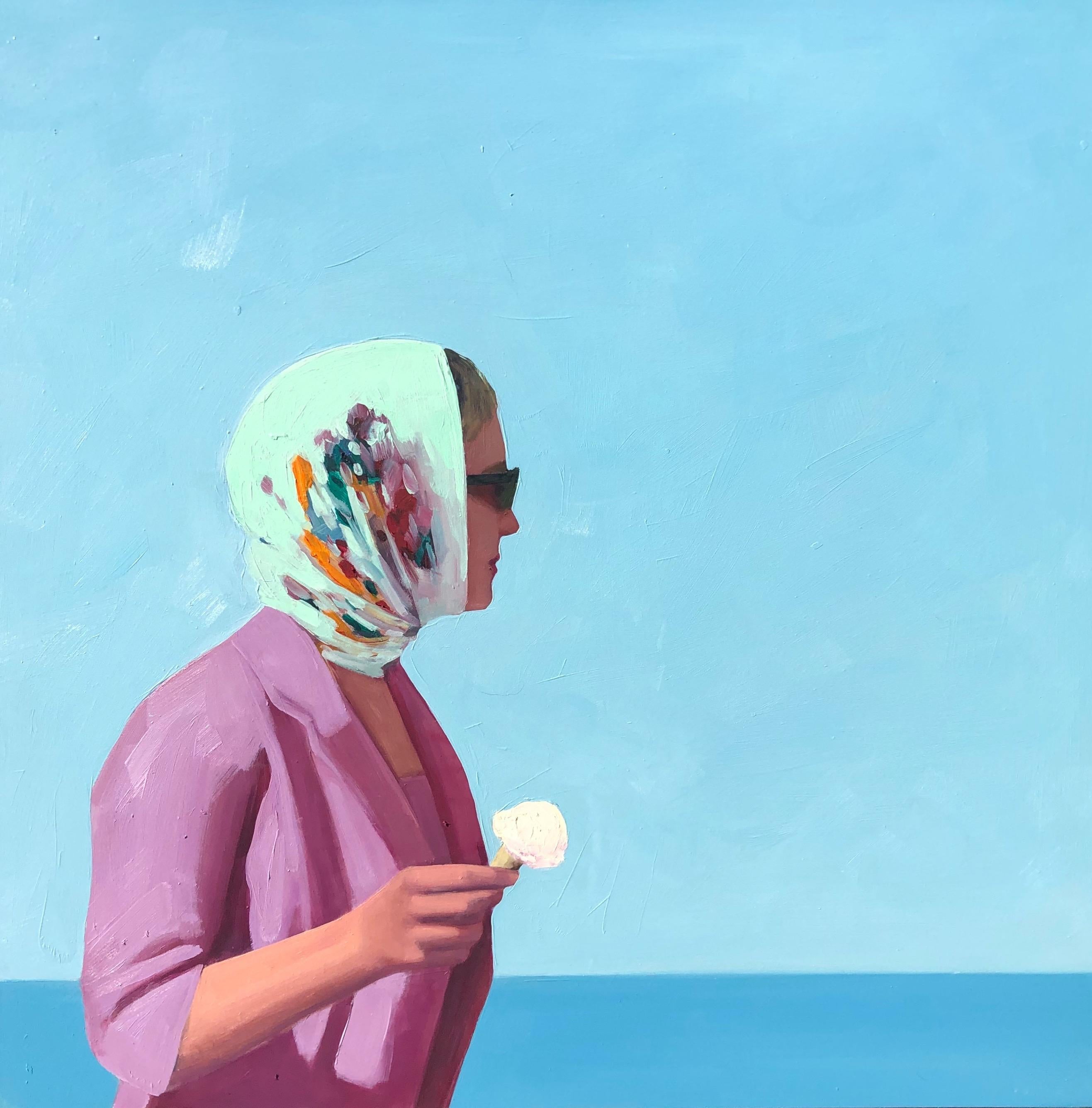 T.S. Harris Figurative Painting - "Summer Ice Cream" oil painting of a woman in scarf with ice cream cone