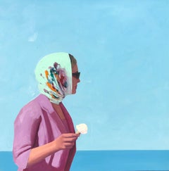 "Summer Ice Cream" oil painting of a woman in scarf with ice cream cone