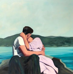 ''Summer Is For Lovers'' Oil painting of couple on a boat in a blue lake kissing