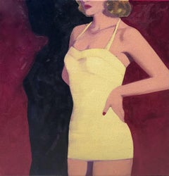"Summer Noir" oil painting of woman's torso in yellow swimsuit against red wall