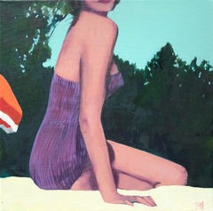 "Summer Swim" oil painting of a woman in purple bathing suit with trees in back