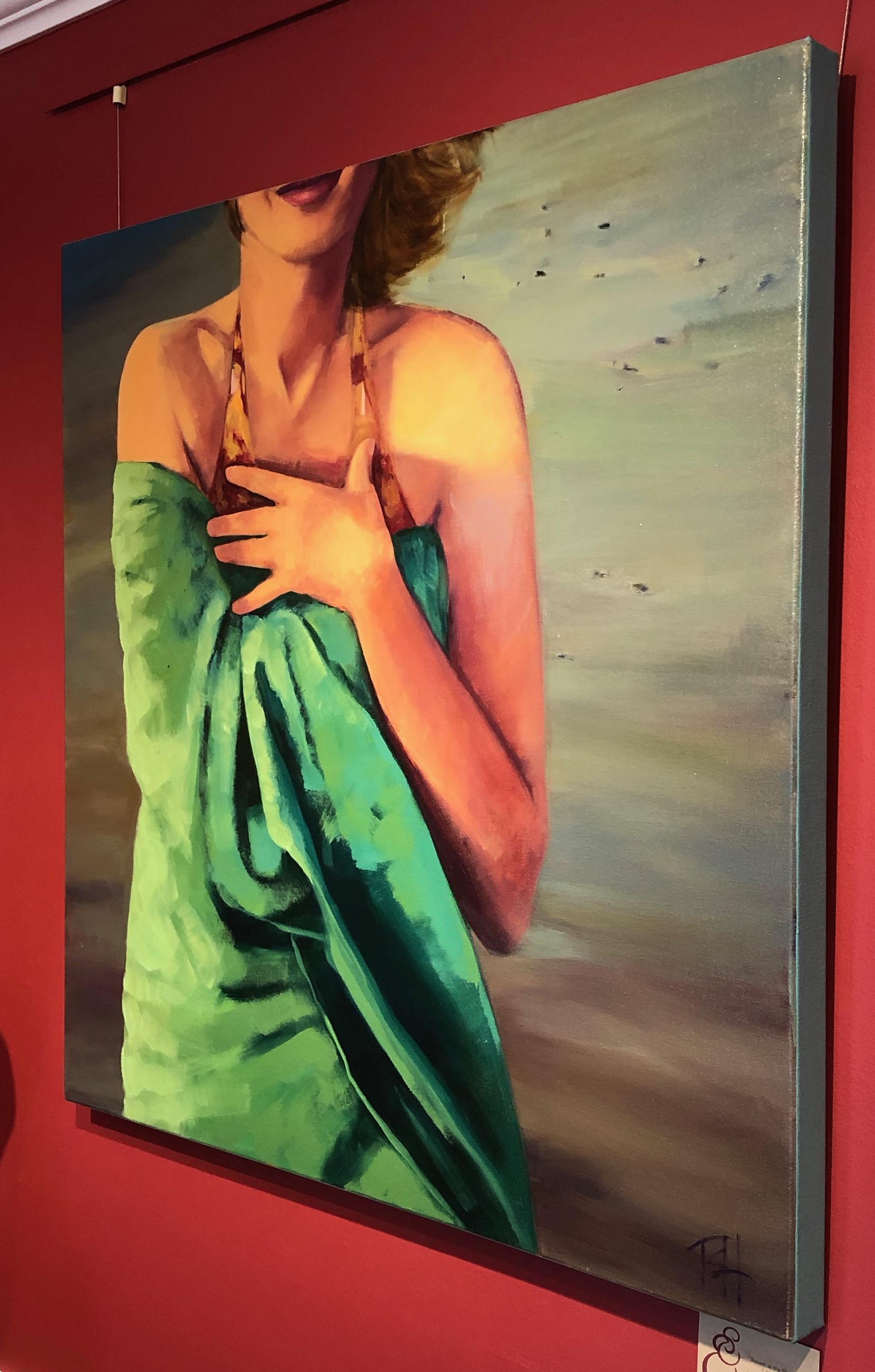 ''Sunset at the Shore'' Oil painting of a women wrapped in a green beach towel - Painting by T.S. Harris