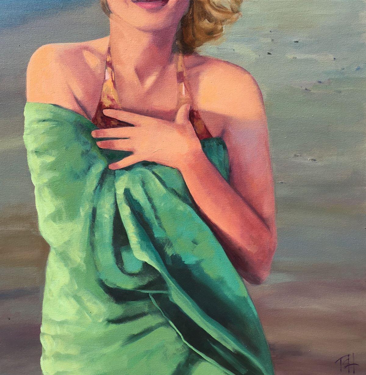 T.S. Harris Figurative Painting - ''Sunset at the Shore'' Oil painting of a women wrapped in a green beach towel