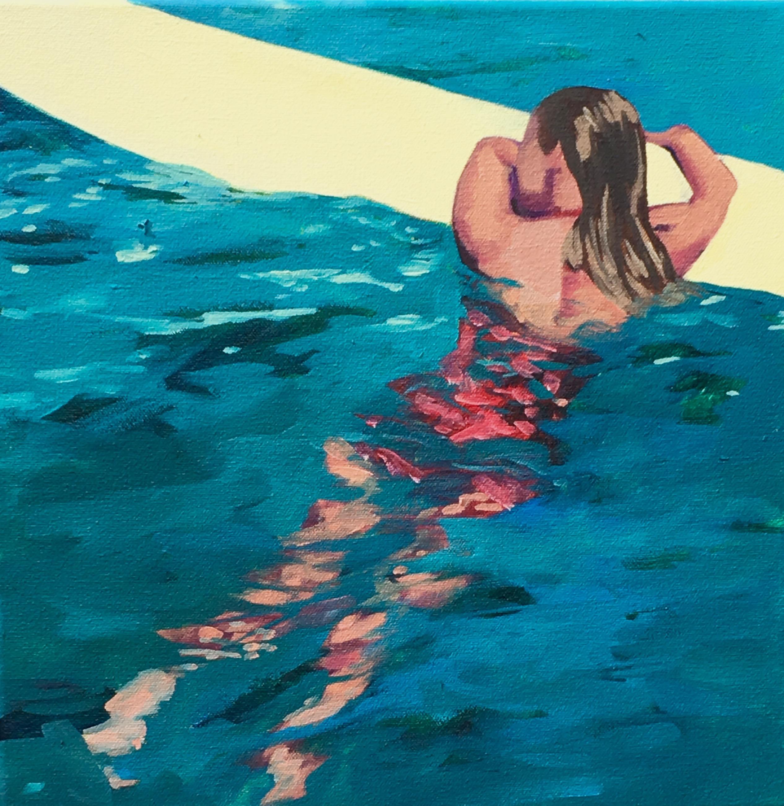 T.S. Harris Figurative Painting - "Surfer Girl" Oil painting of a girl floating on a surf board in teal water 