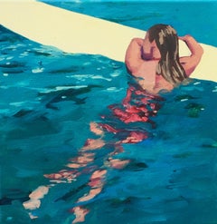 "Surfer Girl" Oil painting of a girl floating on a surf board in teal water 