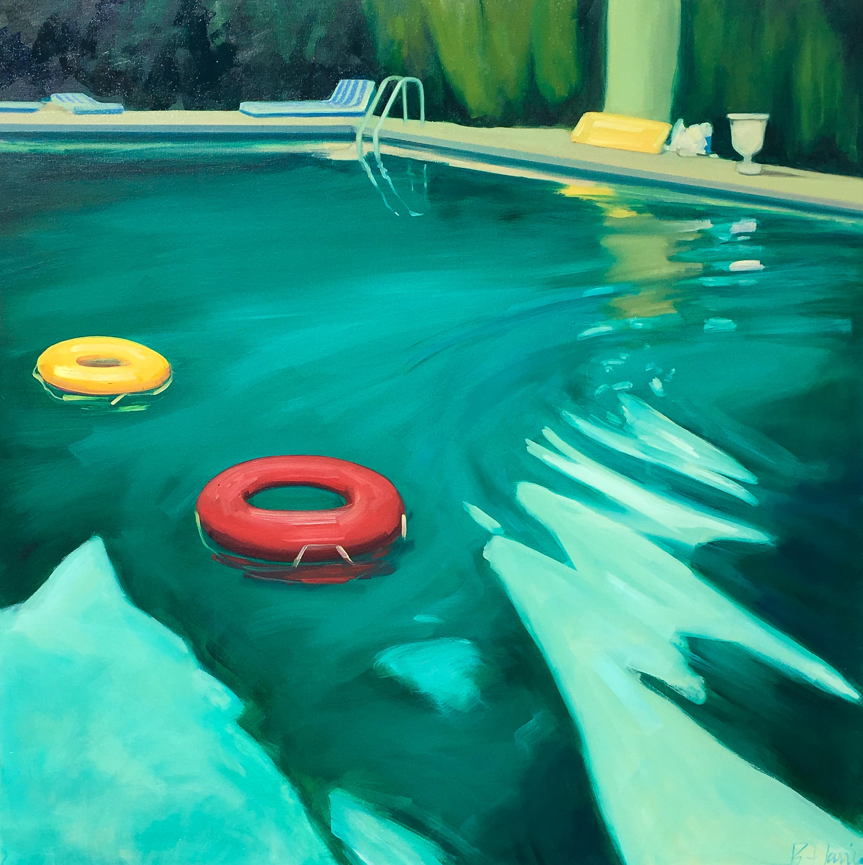 "Swimming Pool" oil painting of teal water with red and yellow floats