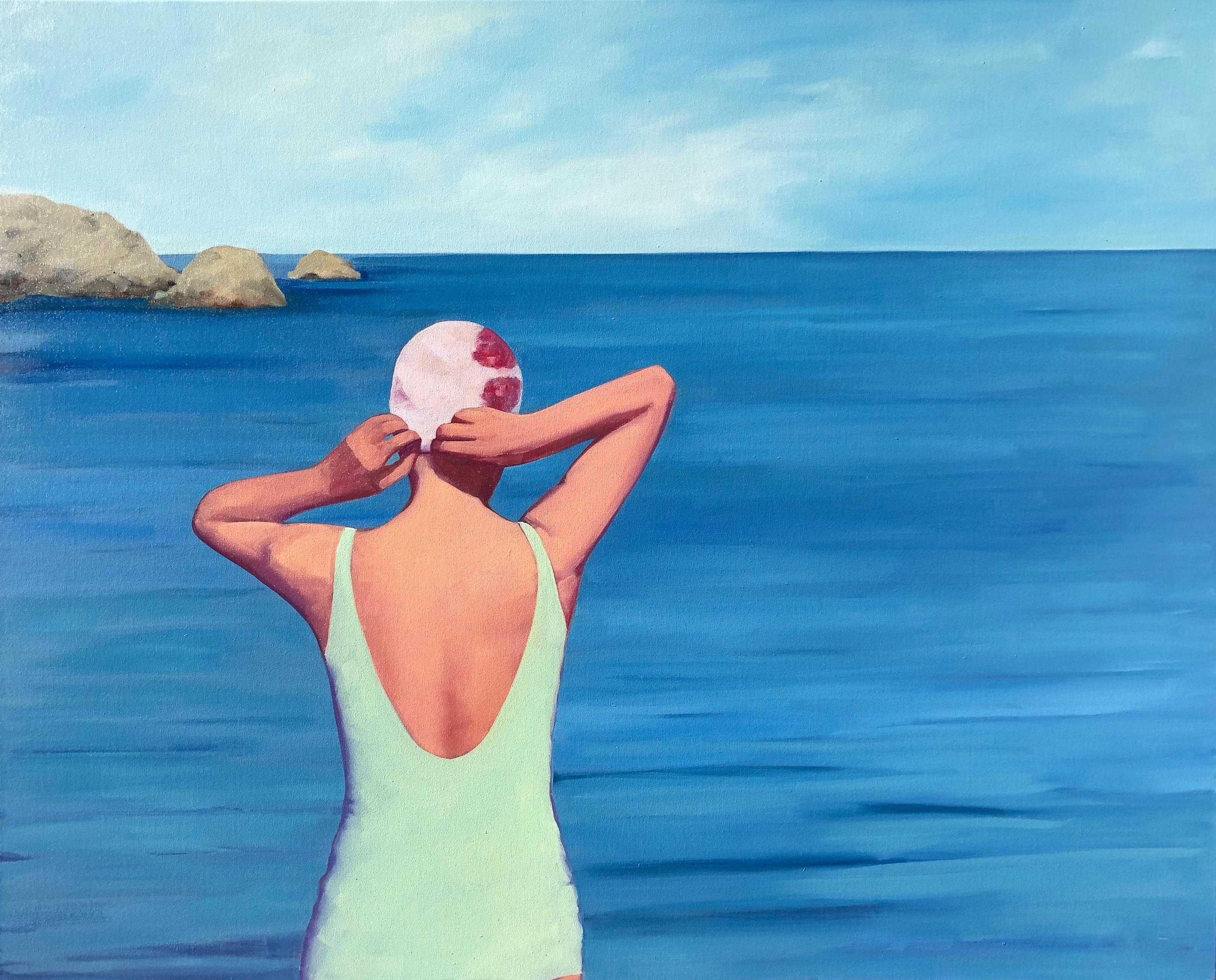 T.S. Harris Figurative Painting - "The Beckoning Sea" oil painting of woman in light blue swim suit walking away