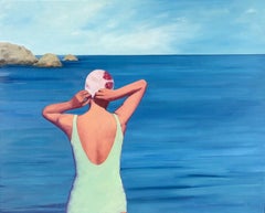 "The Beckoning Sea" oil painting of woman in light blue swim suit walking away