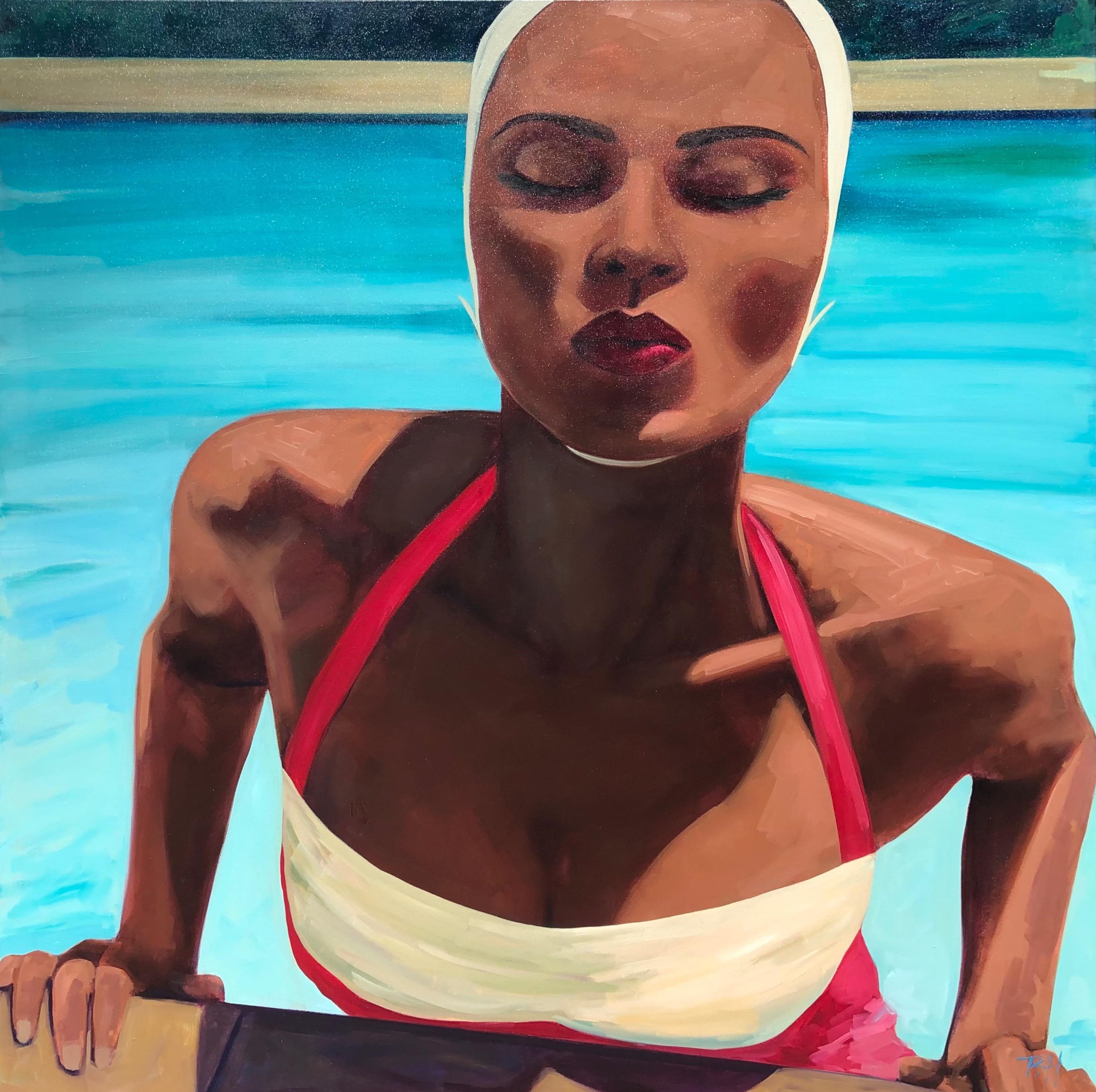 "The Big Kiss" oil painting of a woman blowing a kiss as she gets out of a pool