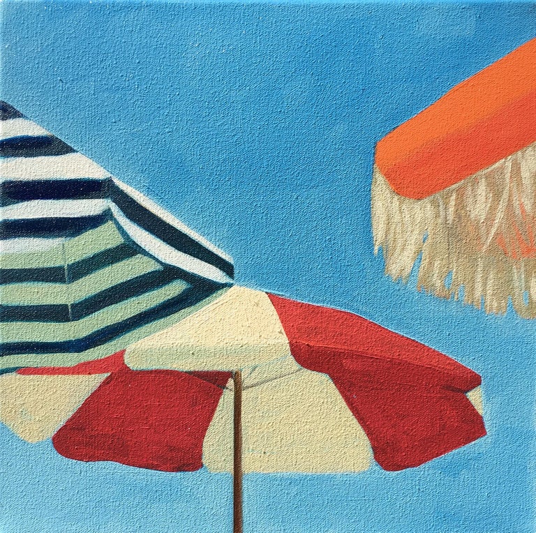 T.S. Harris "Three Umbrellas" Brightly Colored Painting of Beach