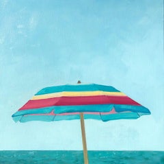 "Umbrella and the Sea" Oil painting of a colorful umbrella, blue sky on beach