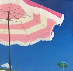 "Umbrellas at the Shore" oil painting of a pink striped beach umbrella