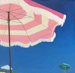 "Parapluies au bord de la mer" peinture à l'huile d'un parapluie de plage à rayures roses