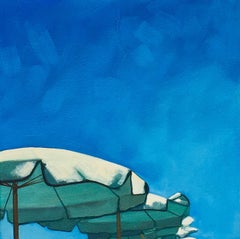"Umbrellas in a Row" Oil painting of a bright blue sky with three umbrellas