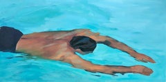"Under the Surface" oil painting of a man swimming under turquoise water