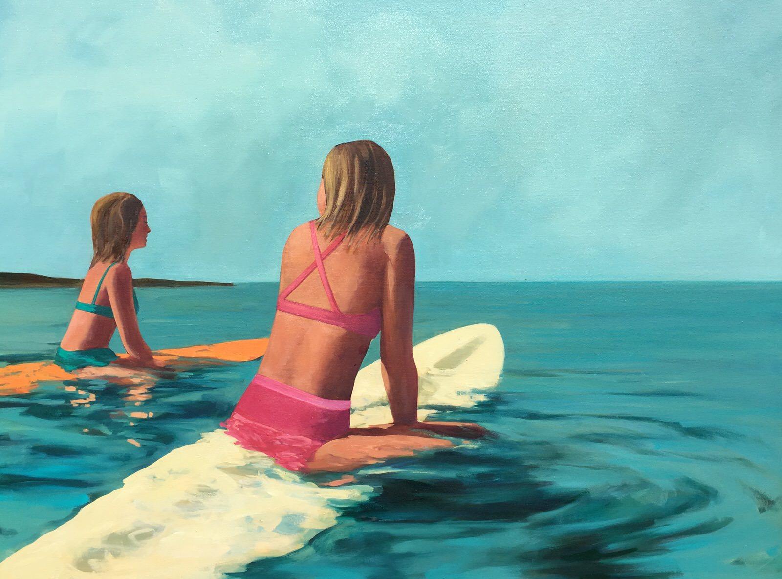 T.S. Harris Figurative Painting - "Waiting for Waves" oil painting of two girls floating on surfboards in ocean