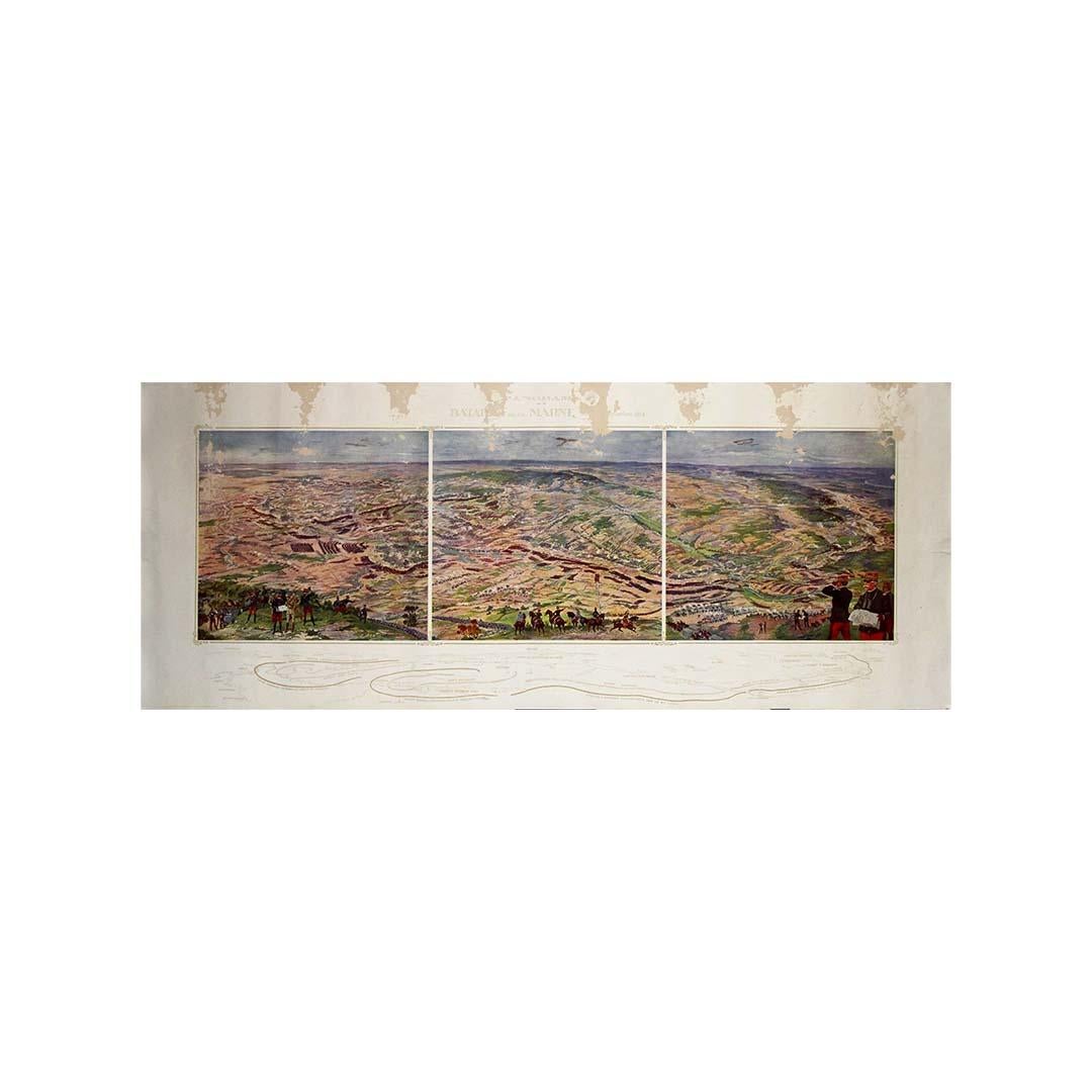 Dieses originale lithografische Plakat des Künstlers T. Sala von circa 1915 mit dem Titel Panorama de la Bataille de la Marne ist ein fesselndes und äußerst seltenes visuelles Zeugnis für einen der entscheidenden Momente des Ersten Weltkriegs. Das