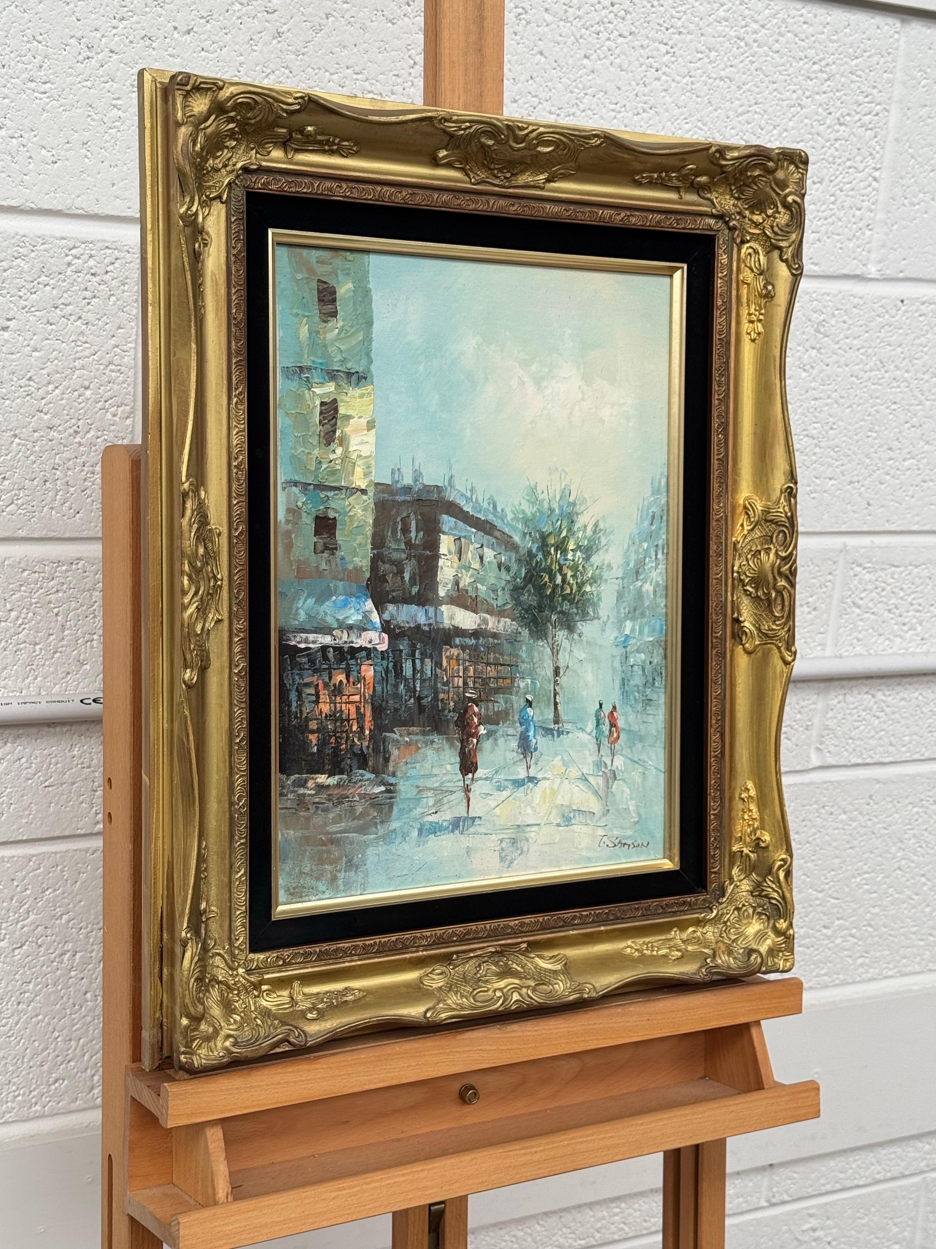 Pariser Straßenszene mit weiblichen Figuren zu Fuß in der Stadt Paris - Vintage By – Painting von T Samson
