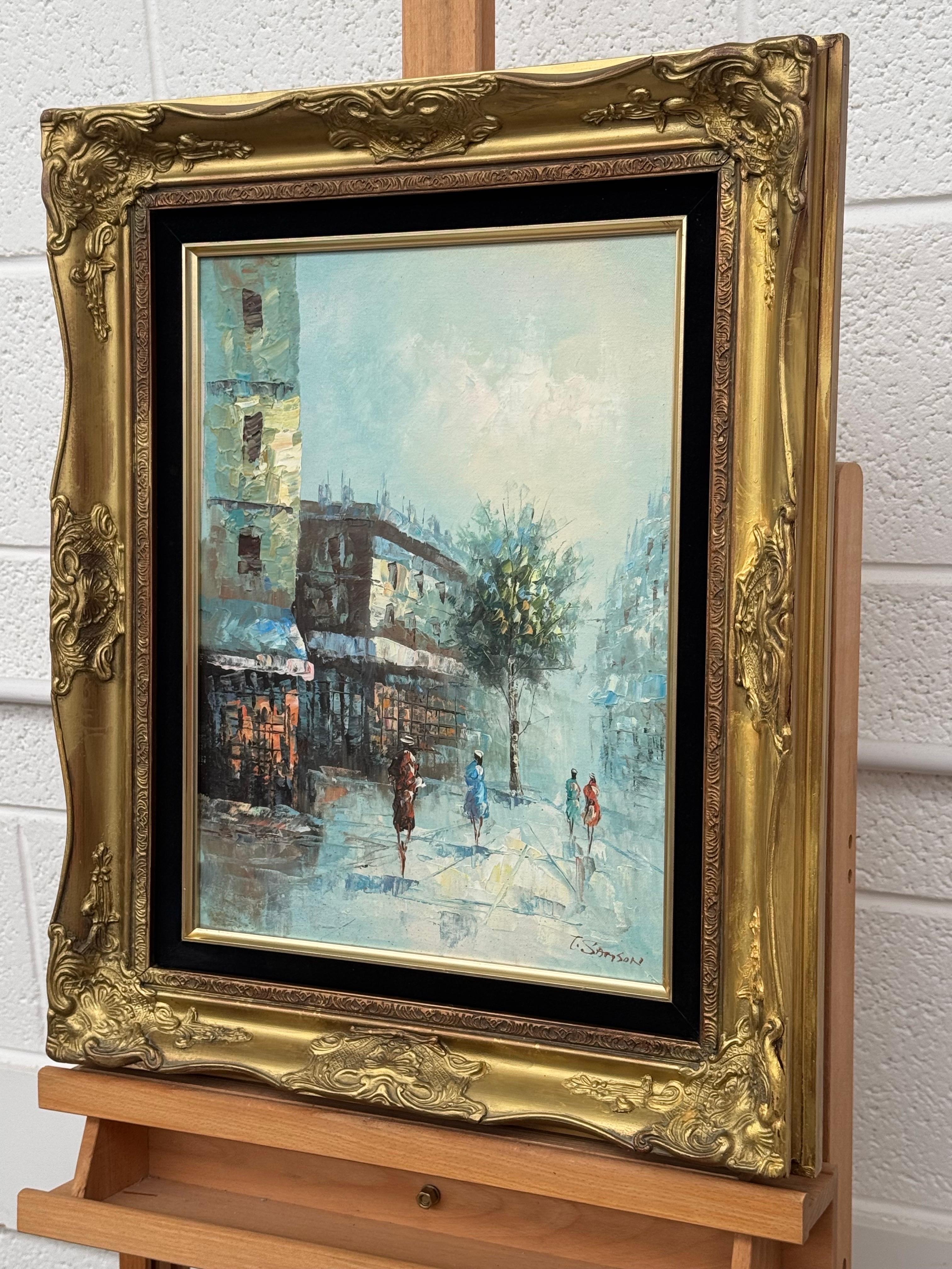 Pariser Straßenszene mit weiblichen Figuren zu Fuß in der Stadt Paris - Vintage By (Braun), Figurative Painting, von T Samson