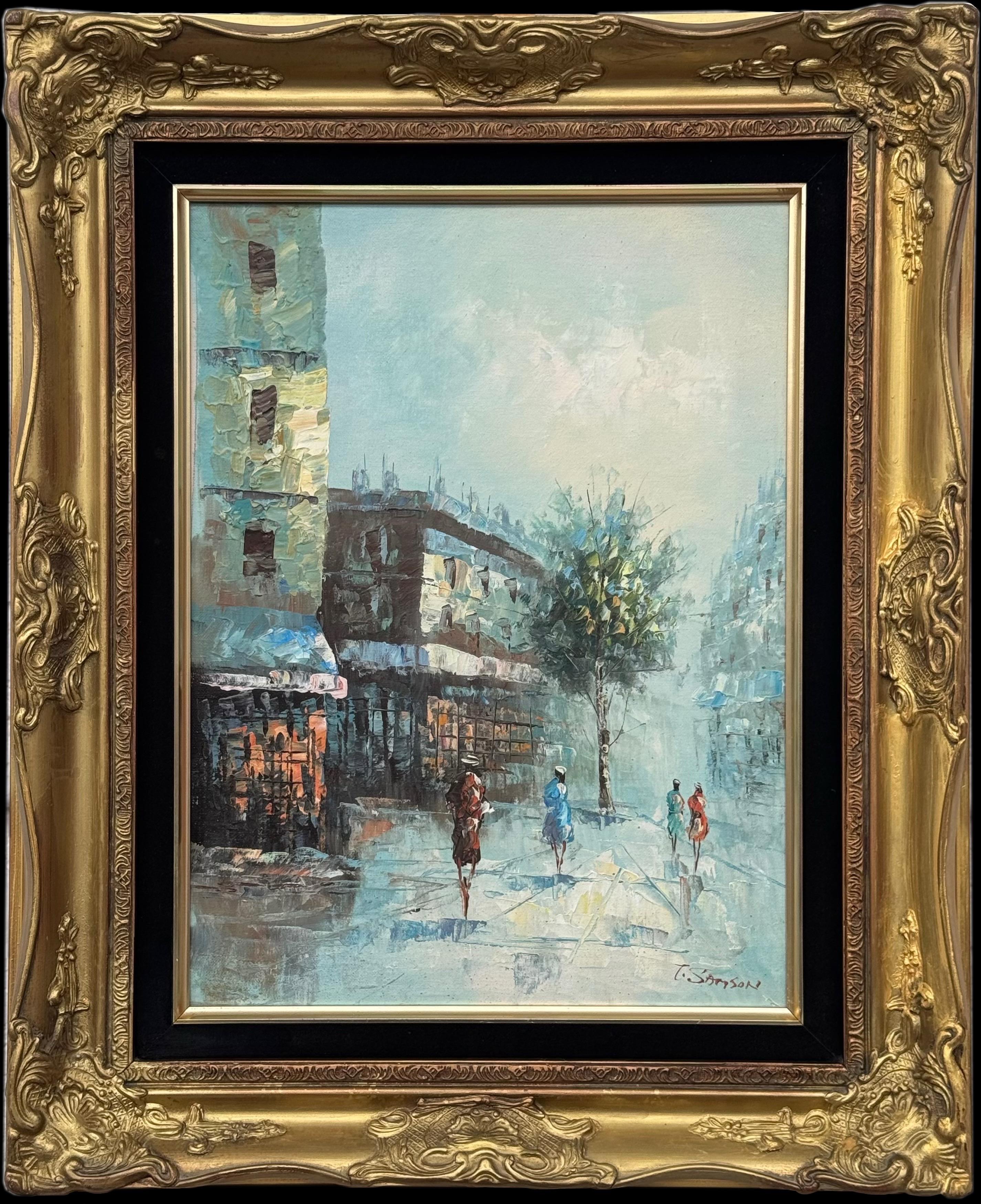 T Samson Figurative Painting – Pariser Straßenszene mit weiblichen Figuren zu Fuß in der Stadt Paris - Vintage By