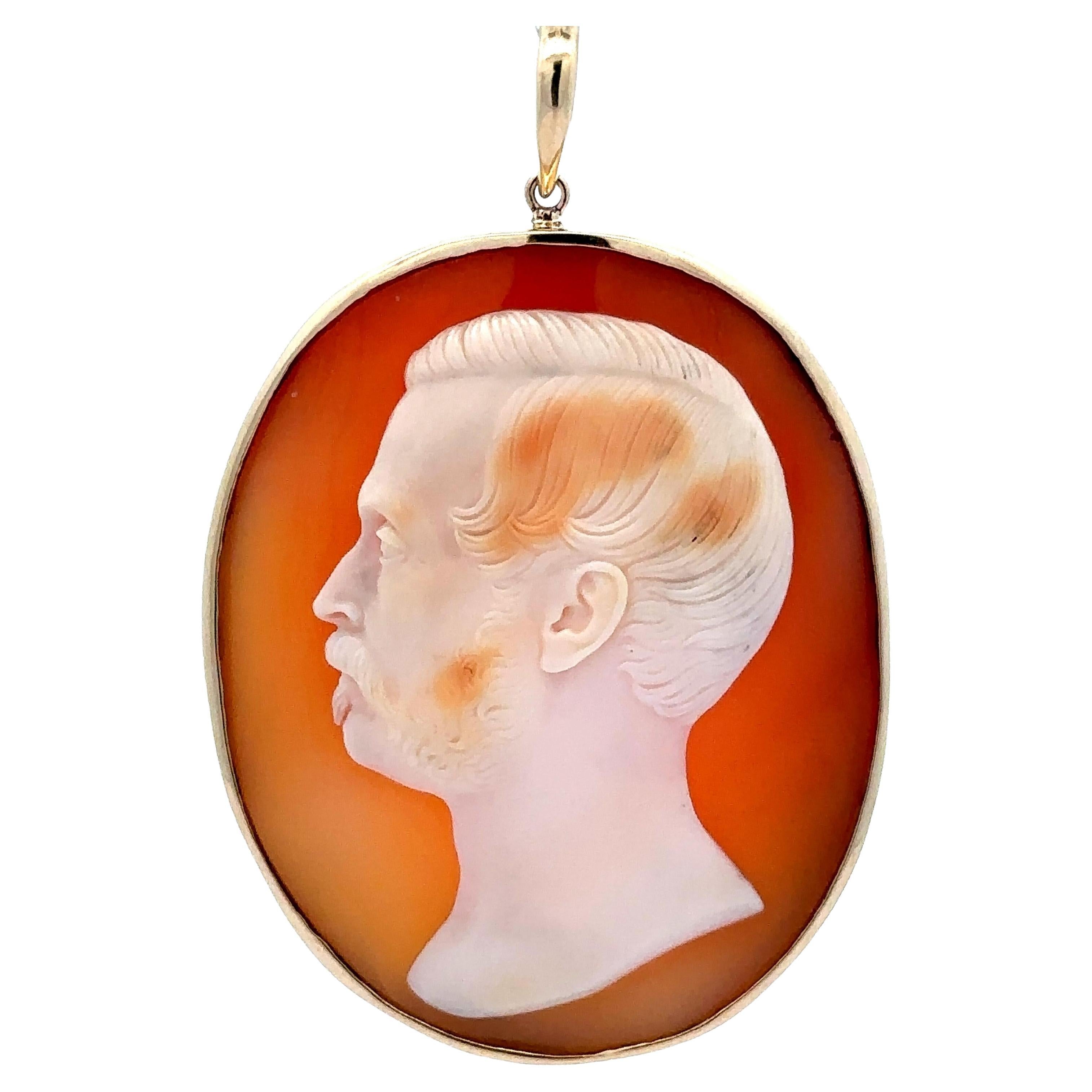 T. Saulini 14k Yellow Gold Carved Shell Cameo Left Facing Man Large Pendant
