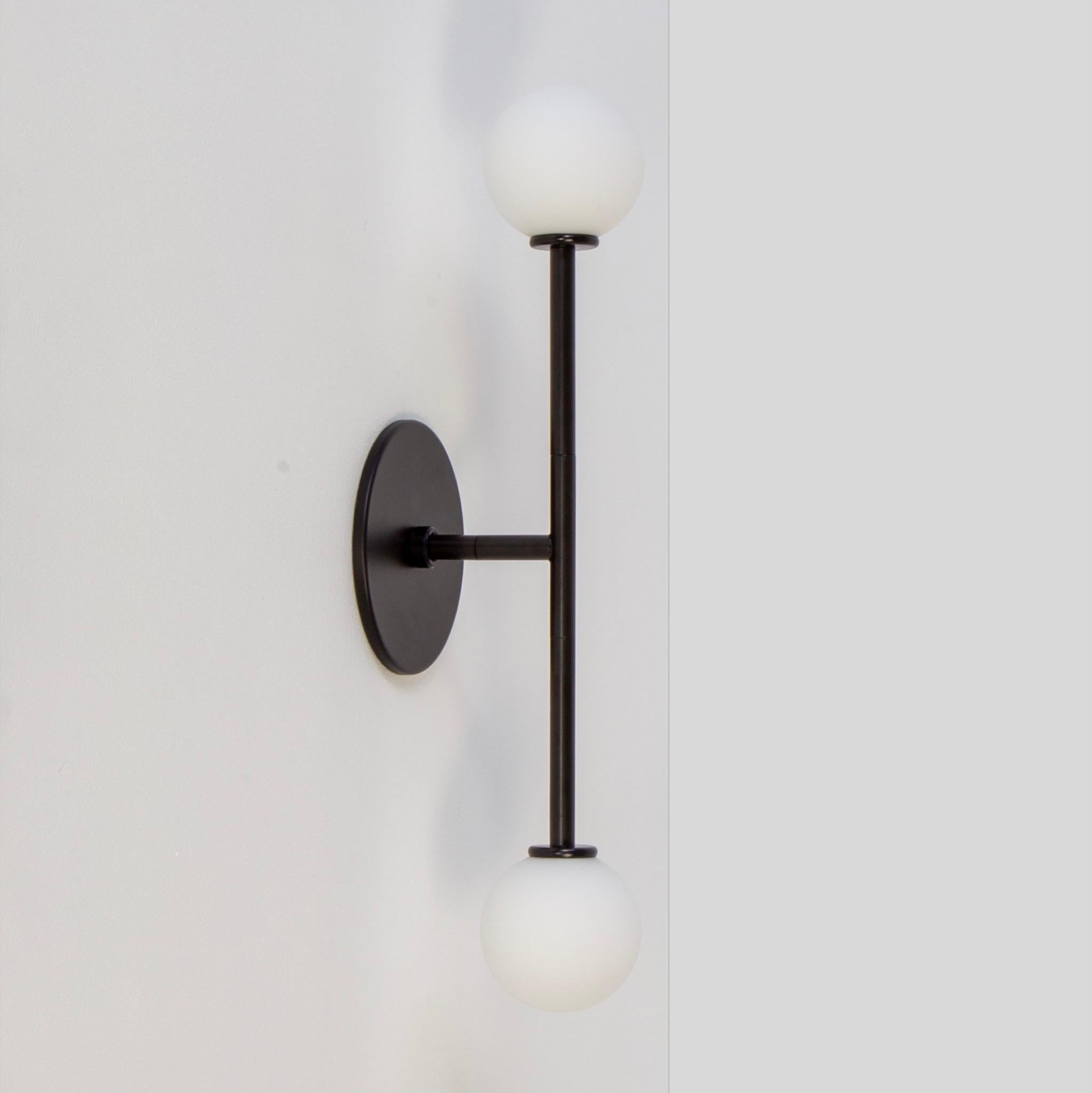 T Sconce, by Research.Lighting, Black with glass globes, In Stock In New Condition For Sale In Brooklyn, NY