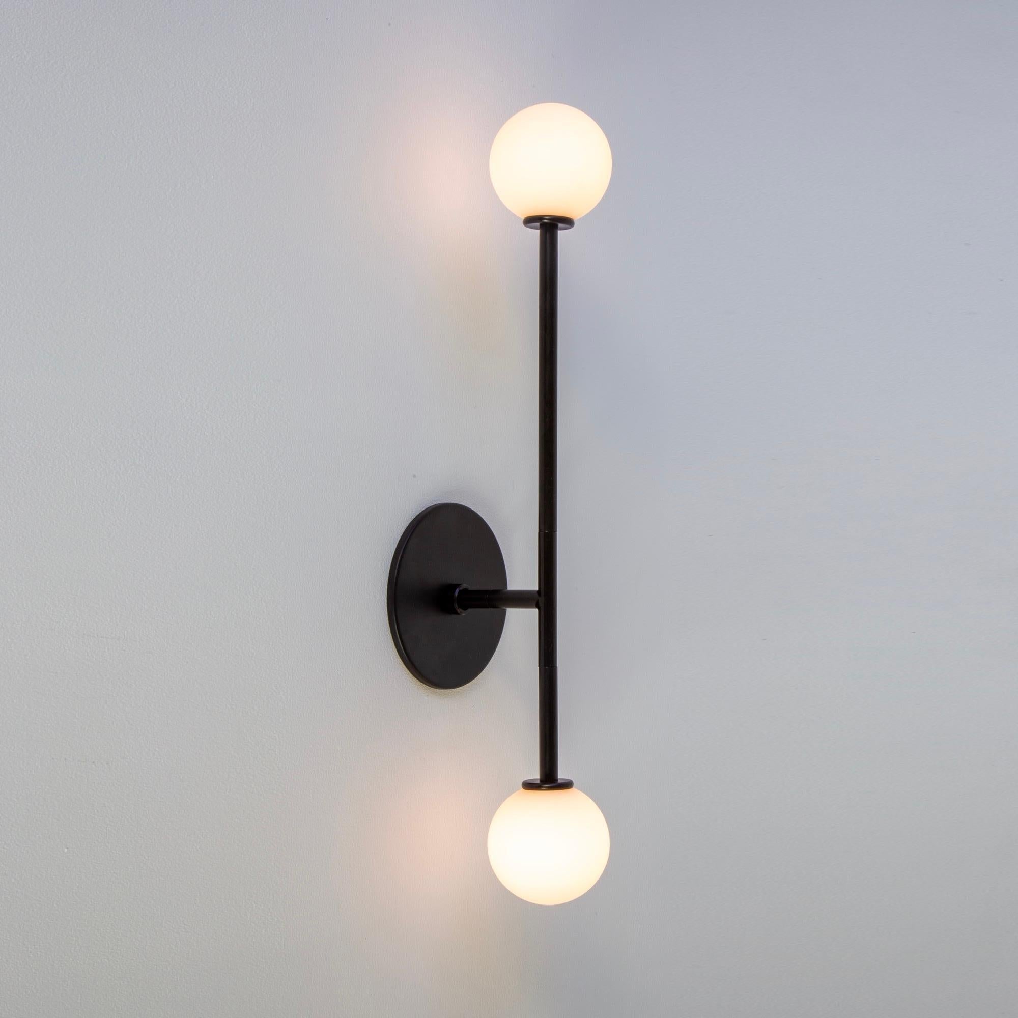 American T Sconce Offset, by Research.Lighting, Black with glass globes, Made to Order For Sale