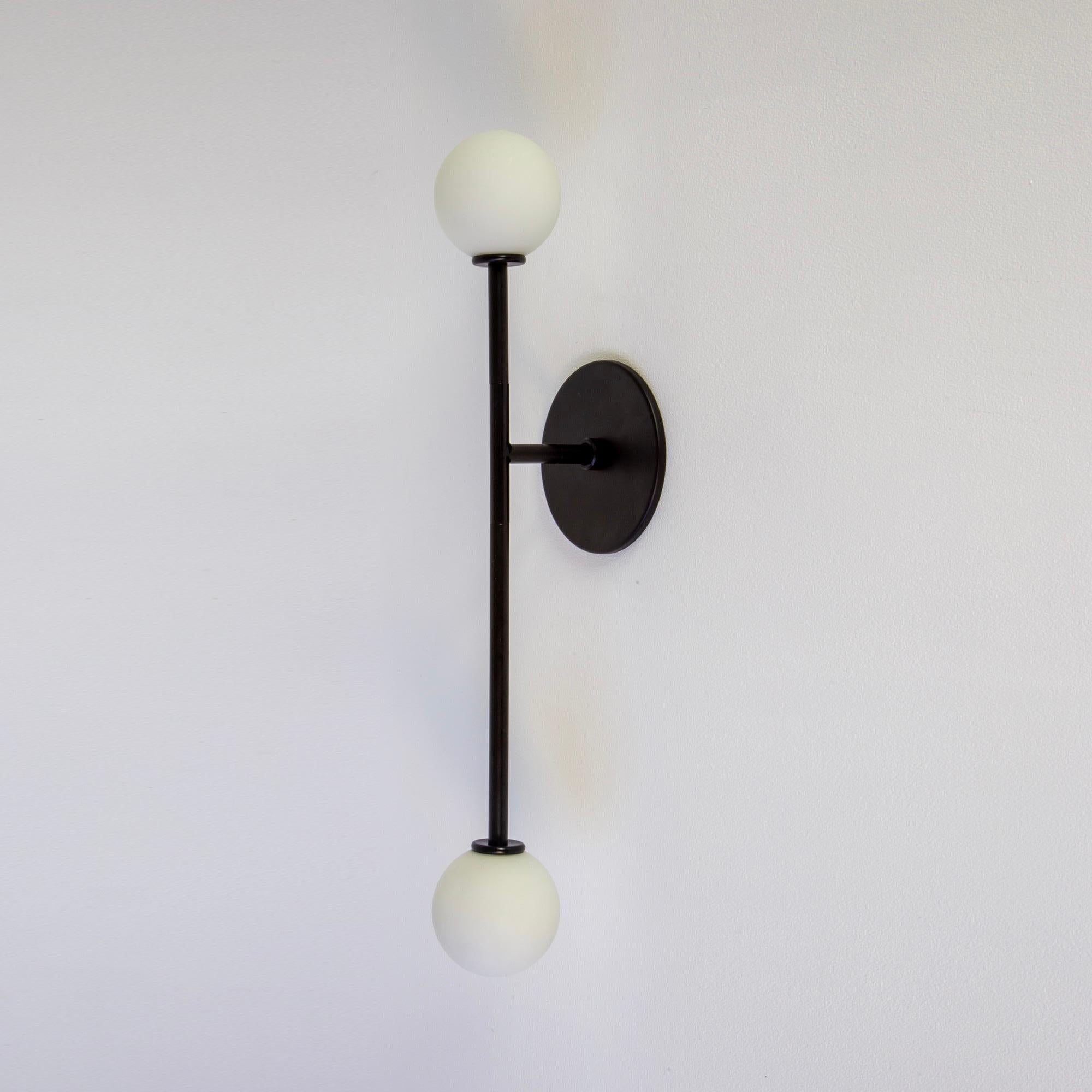 Metal T Sconce Offset, by Research.Lighting, Black with glass globes, Made to Order For Sale