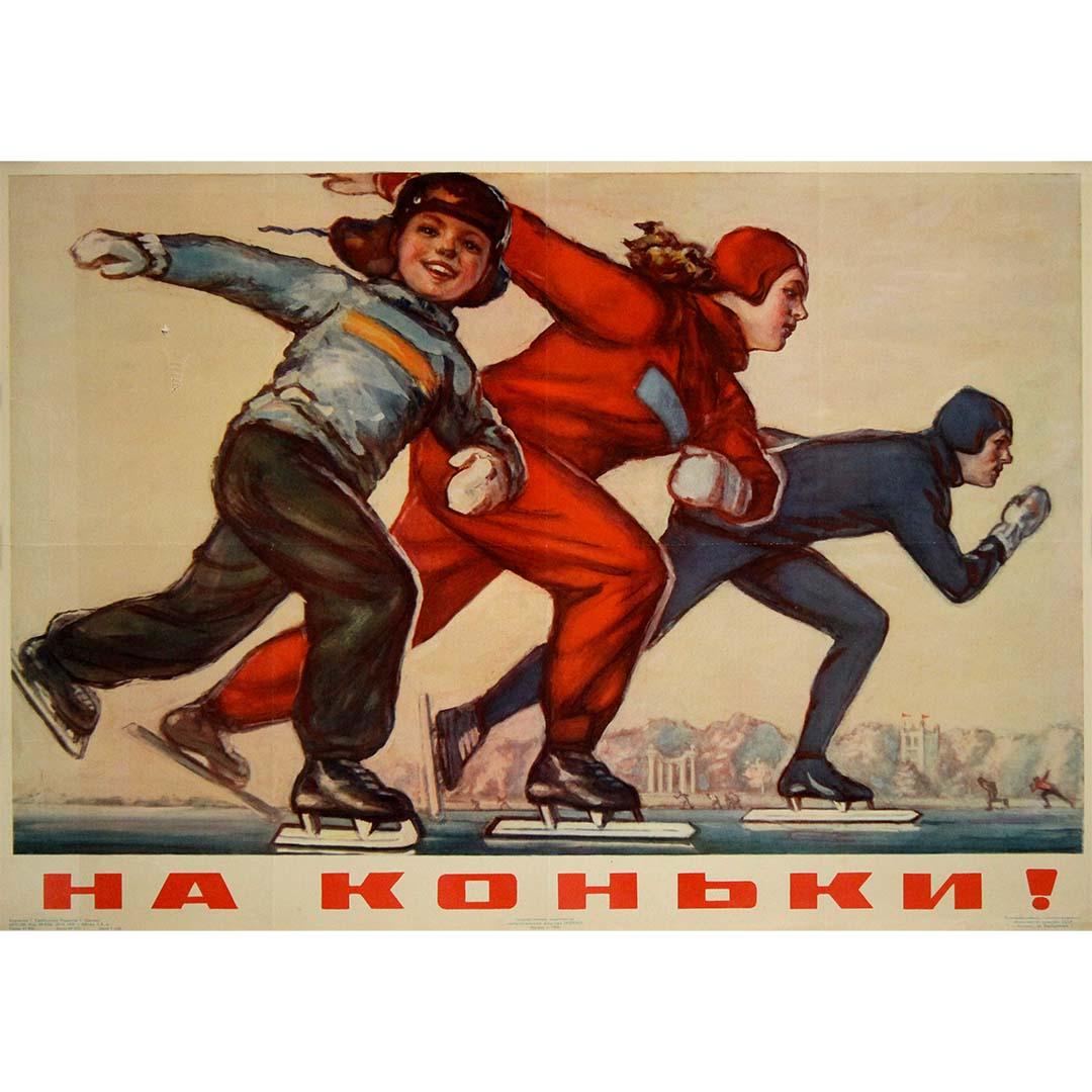 1956 Soviet Poster “On Ice Skates!” Youth Winter Sports USSR