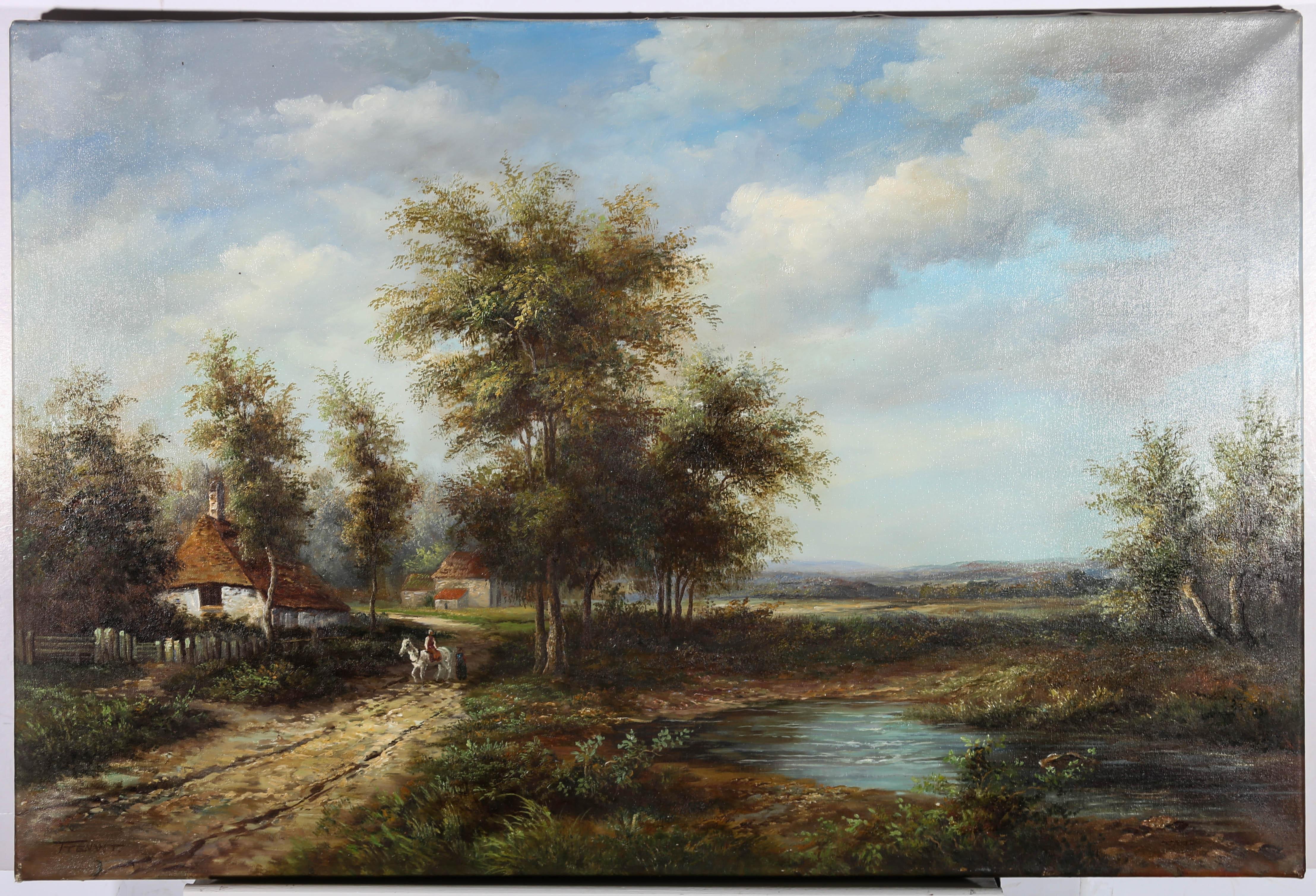 A quaint rural scene in oil showing two figures out for a stroll on a summer's day, one sitting side saddle on a handsome white horse. The artist has signed to the lower left. On canvas.
