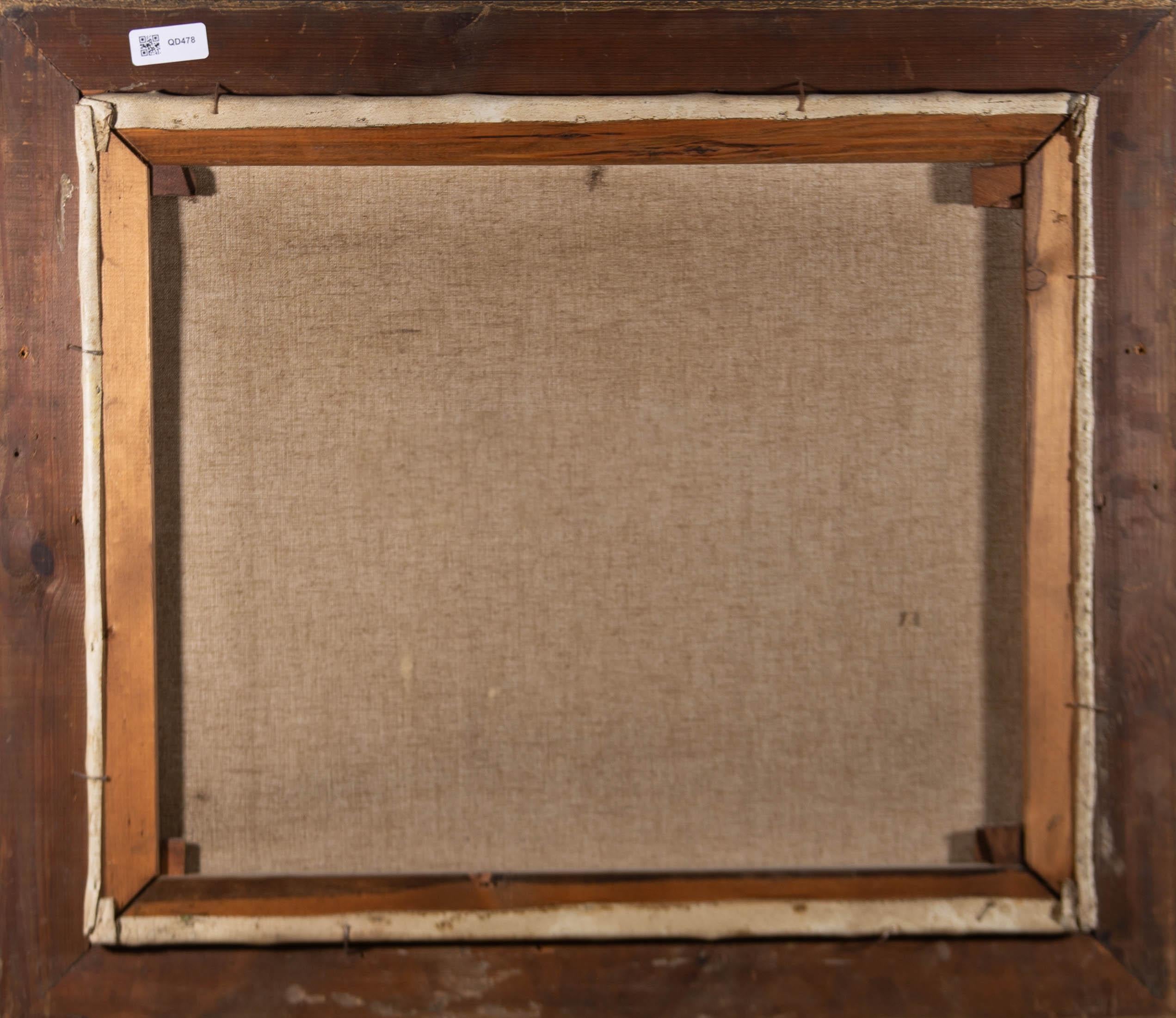 Olii atmosferici descrivono una figura che attraversa un fiume in un bosco.

L'opera d'arte è firmata nell'angolo in basso a destra e ben presentata in una sostanziosa cornice in legno con dettagli modellati e dorati.

Su tela su barelle.