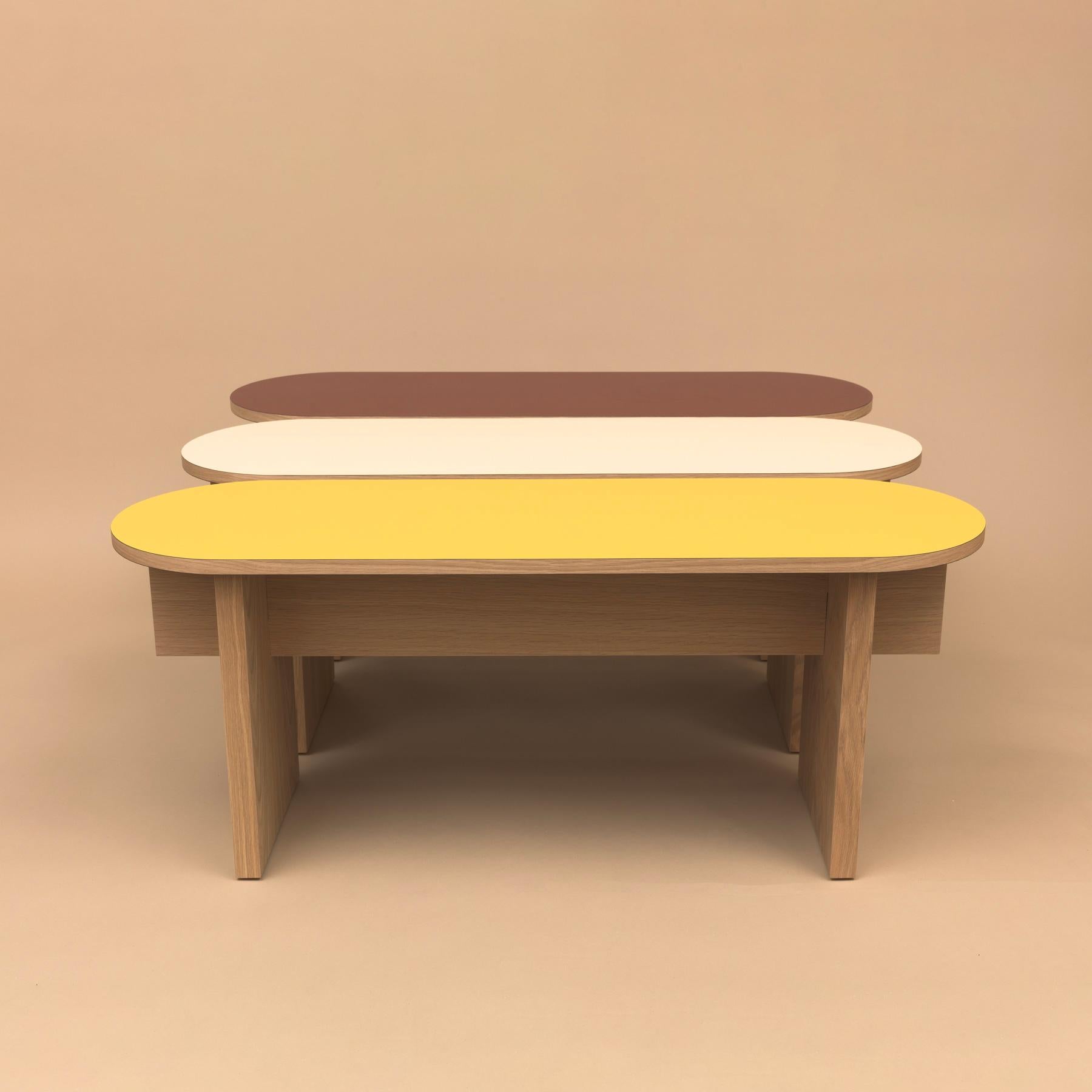 Modern T-Top Bench or Coffee Table in Oak Veneered Plywood and Colorful Laminate