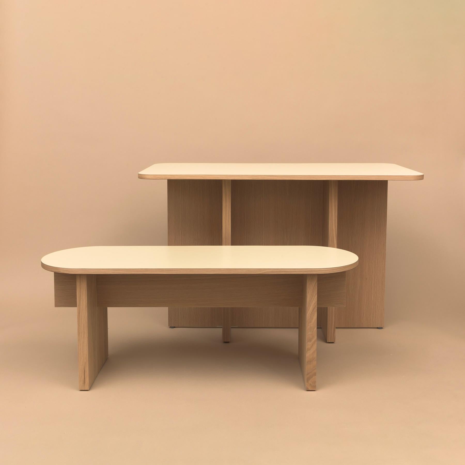 American T-Top Bench or Coffee Table in Oak Veneered Plywood and Colorful Laminate