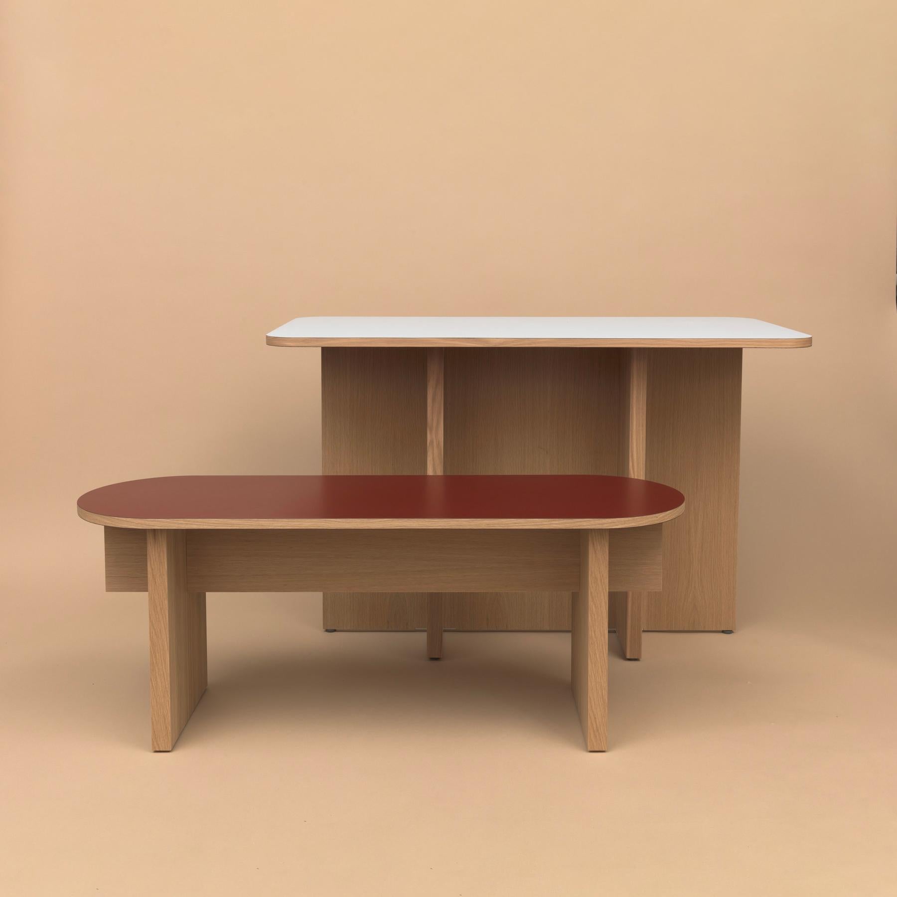 Hand-Crafted T-Top Bench or Coffee Table in Oak Veneered Plywood and Colorful Laminate