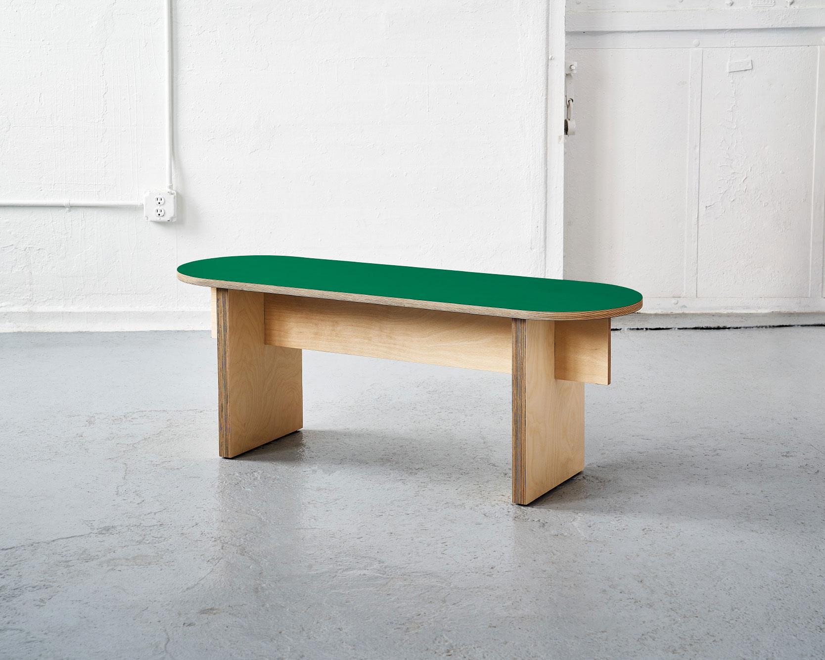 American T-Top Bench – Modern Dining Bench in Baltic Birch Plywood and Colorful Laminate For Sale