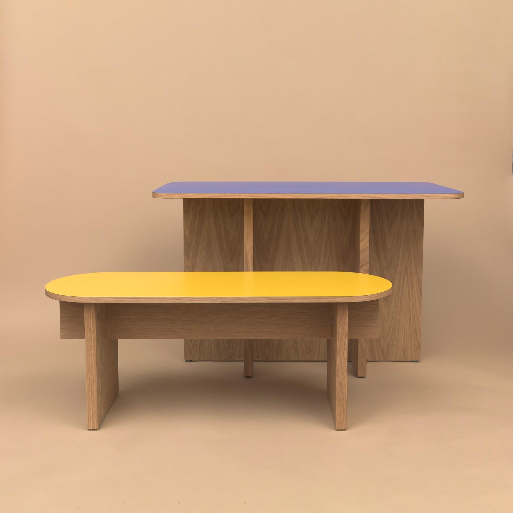T-Top Bench or Coffee Table in Oak Veneered Plywood and Colorful Laminate In New Condition In Philadelphia, PA