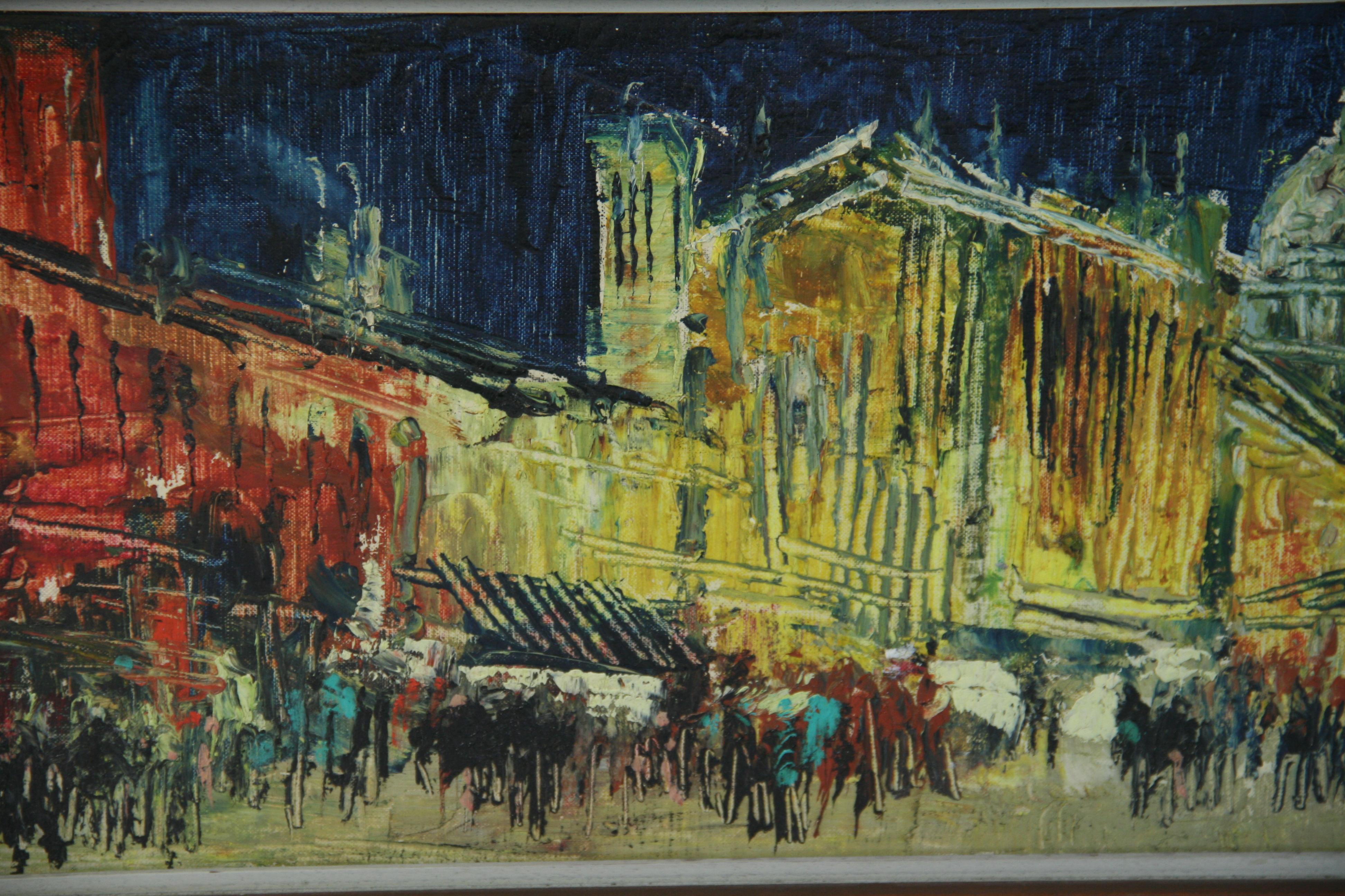 Parigi, la città delle luci, vista di notte  1969 - Landscape Painting Nero di T. Vallesse