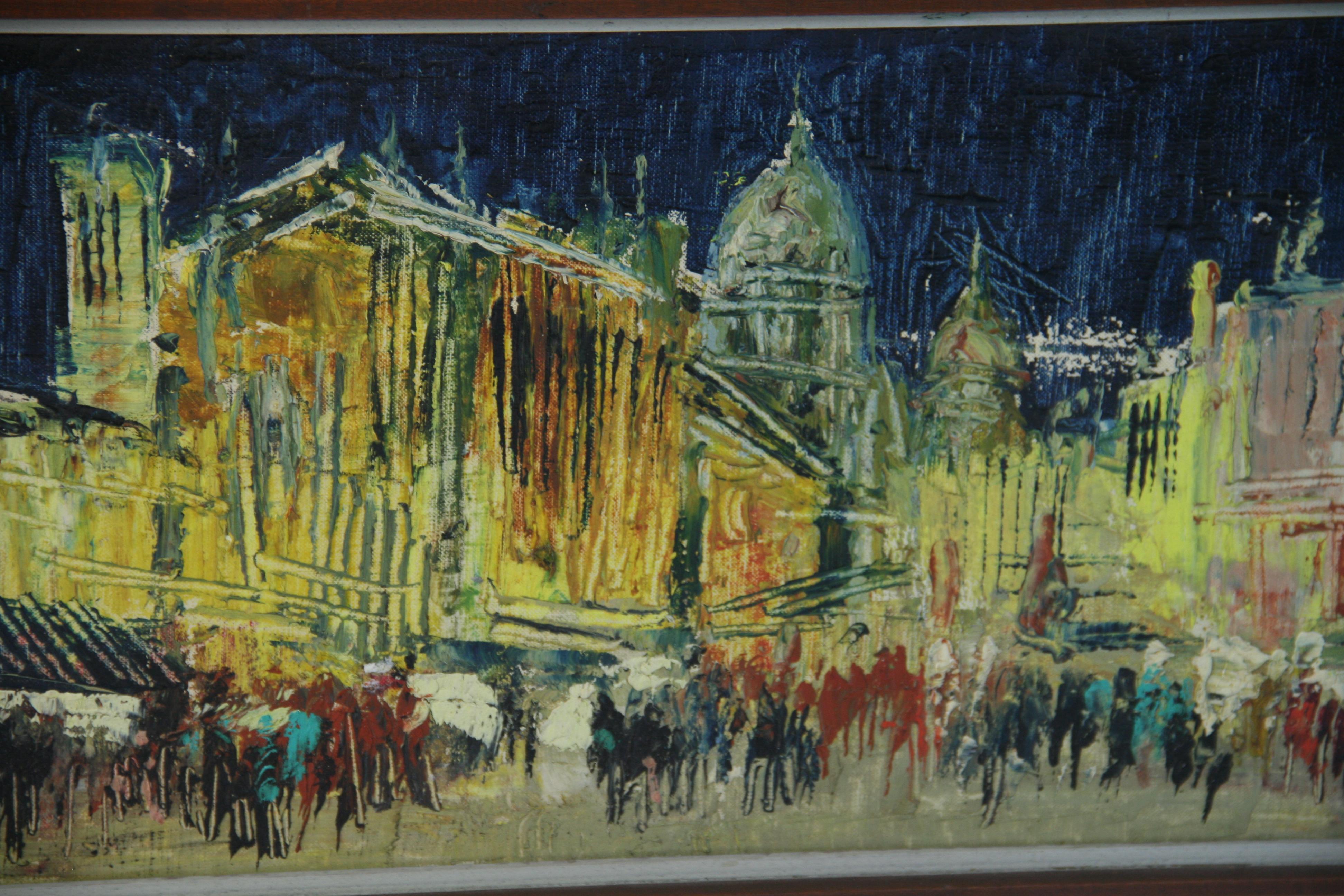 6100 Quadro ad olio modernista che raffigura il movimento  di persone che attraversano la città storica di Parigi