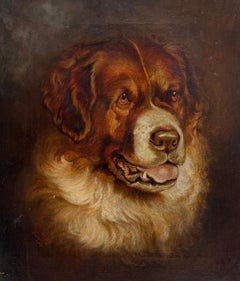 St. Benard Hund Porträt Antique British signiert Ölgemälde von 1919